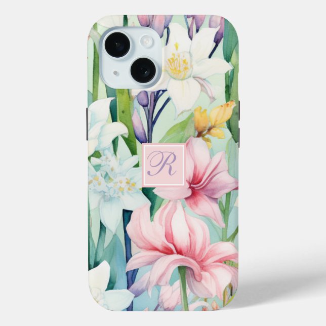 Pretty Pastel Pink & White Spring Flower Monogram Case-Mate iPhone Case (Back)