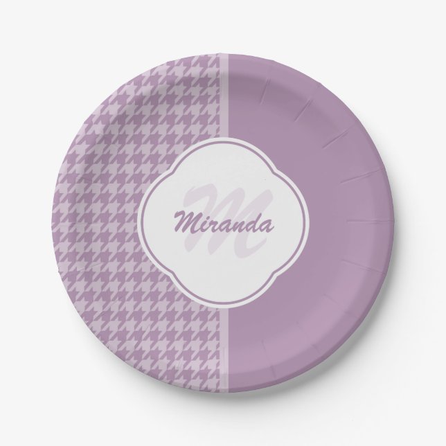 Pretty Pastel Purple Houndstooth Monogram and Name Paper Plate (Front)