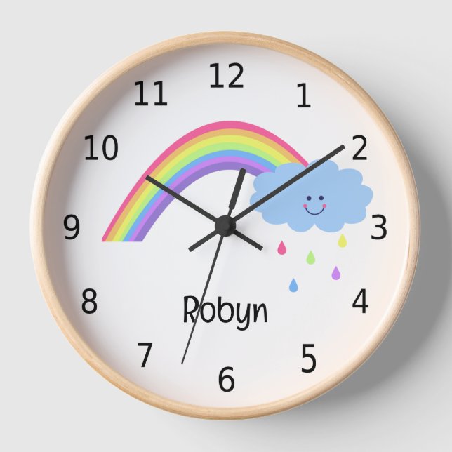 Pretty pastel rainbow and rain, personalised clock (Front)