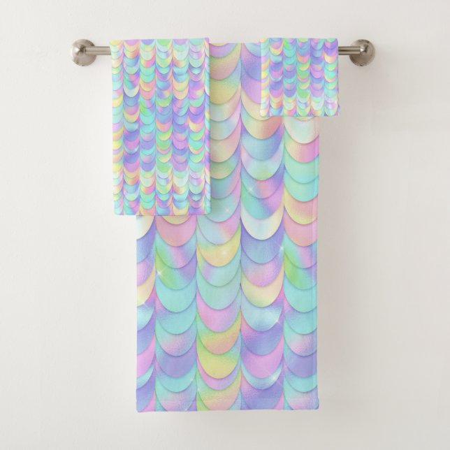 Pretty Pastel Rainbow Scale BATHROOM TOWEL SET (Insitu)