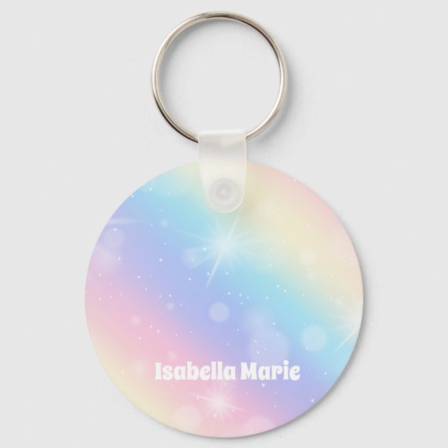 Pretty Pastel Rainbow Sparkle Girly Personalised Key Ring (Front)