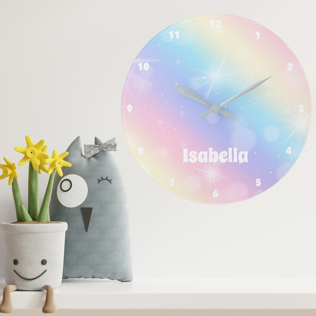 Pretty Pastel Rainbow Sparkle Monogram Girly Kids Large Clock (Creator Uploaded)