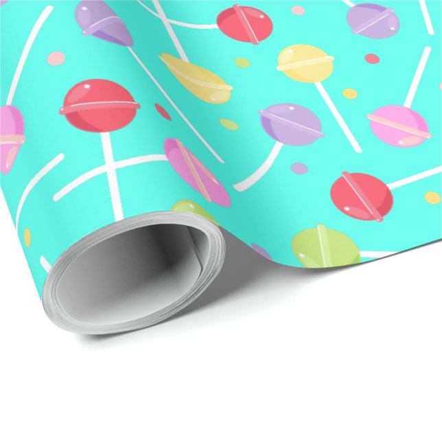 Pretty Pastel Retro Lollipop Candy on Baby Blue Wrapping Paper (Roll Corner)