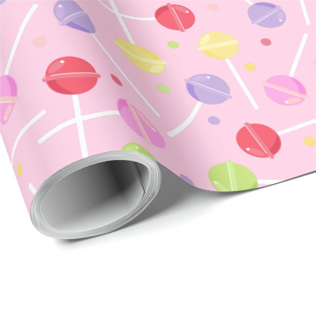 Pretty Pastel Retro Lollipops Candy on Baby Pink Wrapping Paper (Roll Corner)