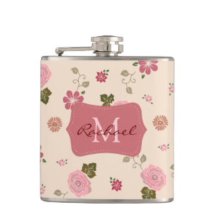 Pretty Pastel Rose Floral Pattern Personalised Hip Flask