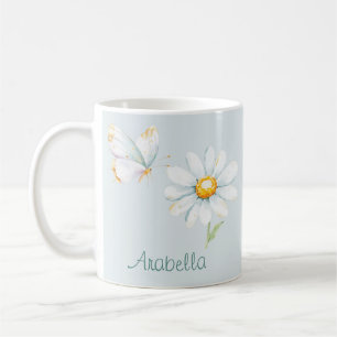 Pretty Pastel Watercolor Butterfly and Daisy Coffee Mug