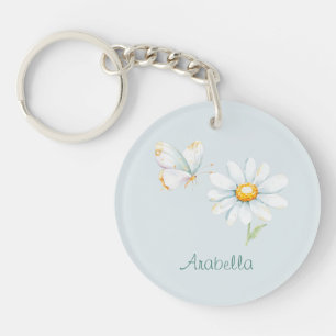 Pretty Pastel Watercolor Butterfly and Daisy Key Ring