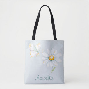 Pretty Pastel Watercolor Butterfly and Daisy Tote Bag