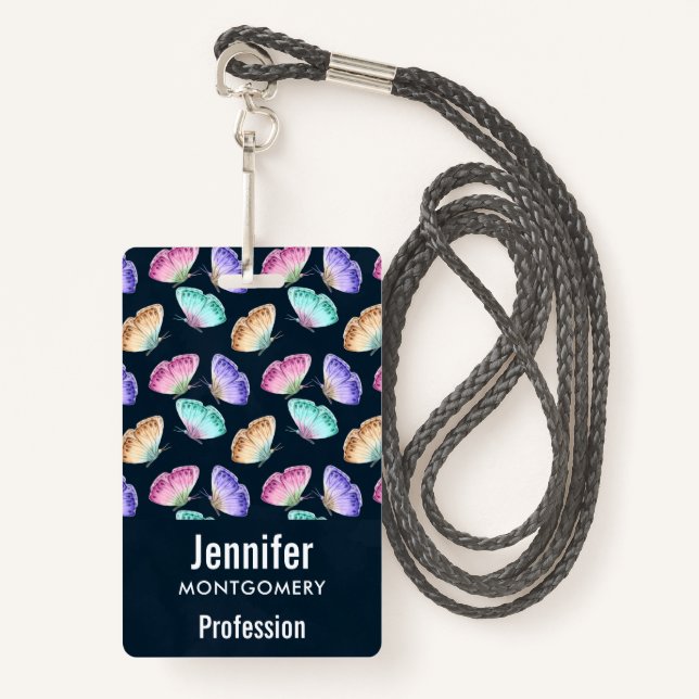 Pretty Pastel Watercolor Butterfly Pattern ID Badge (Front with Lanyard)