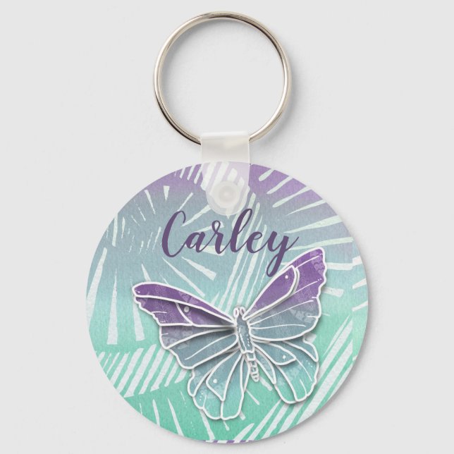 Pretty Pastel Watercolor Butterfly Personalised Key Ring (Front)