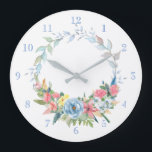 Pretty Pastel Watercolor Floral Wreath Large Clock<br><div class="desc">Delicate leafy watercolor wreath with spray of pastel pink,  blue and yellow flowers. Background colour and numbers are editable.</div>