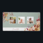 Pretty Pastel Watercolor Flowers, 3-Photos w/Name Desk Mat<br><div class="desc">Customise this pretty three-photo template design with your name or monogram on a blank label element that you can customise with the colour of your choice. It features two colourful corner sprays of watercolor blush, rust and ivory roses and chrysanthemums with sage green and brown foliage. Background colour is also...</div>