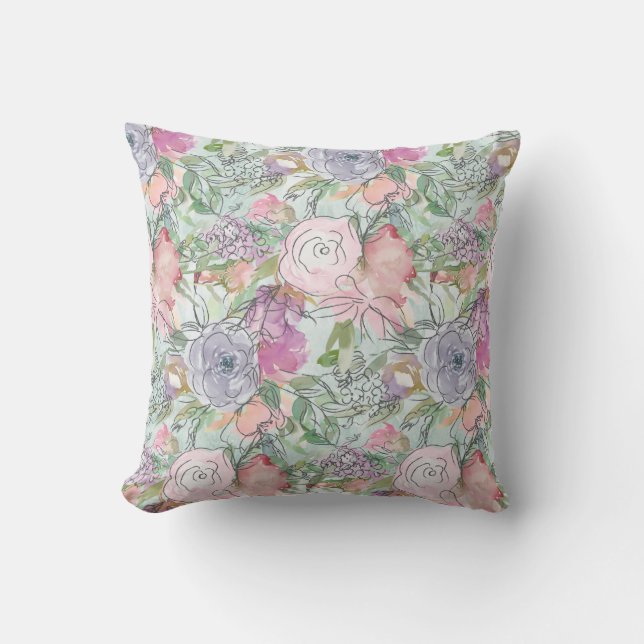 Pretty Pastel Watercolor Lineart Flowers Cushion (Front)
