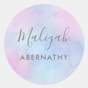 Pretty Pastel Watercolor Name School Label Purple