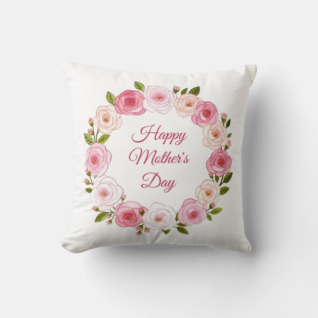 Pretty Pastel Watercolor Rose Wreath Cushion (Front)