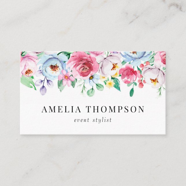 Pretty Pastel Watercolor Spring Floral Garland Business Card (Front)