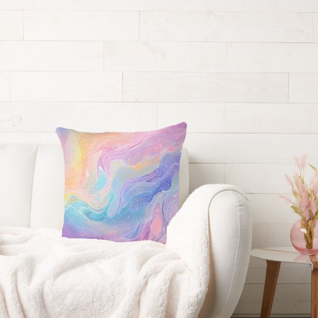 Pretty Pastel Watercolour Rainbow Liquid Pour Art Cushion (Couch)