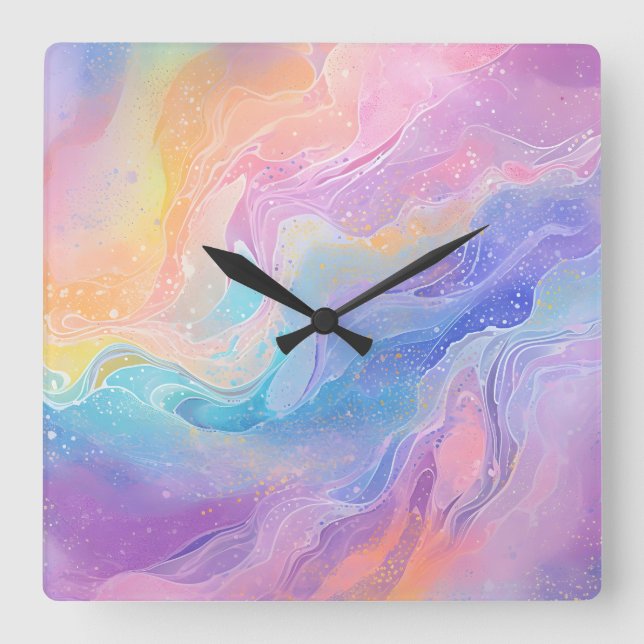 Pretty Pastel Watercolour Rainbow Liquid Pour Art Square Wall Clock (Front)