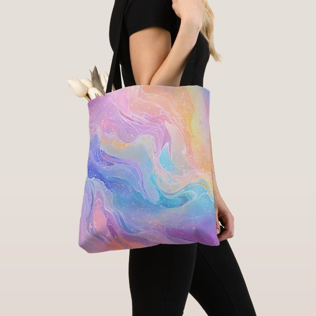 Pretty Pastel Watercolour Rainbow Liquid Pour Art Tote Bag (Close Up)