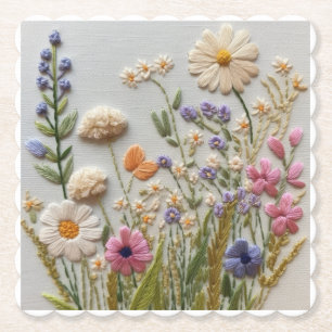 Pretty Pastel Wildflowers Embroidery Paper Coaster