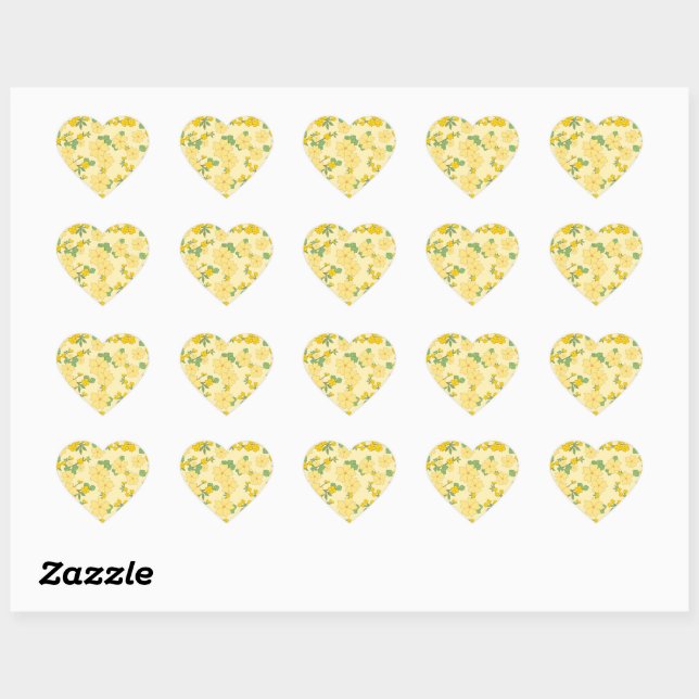 Pretty Pastel Yellow Floral Pattern, Heart Sticker (Sheet)