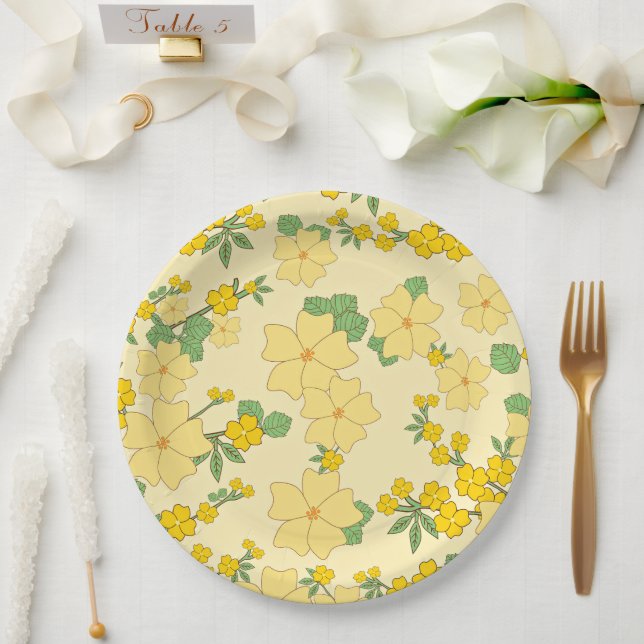 Pretty Pastel Yellow Floral Pattern, Paper Plate (Wedding)
