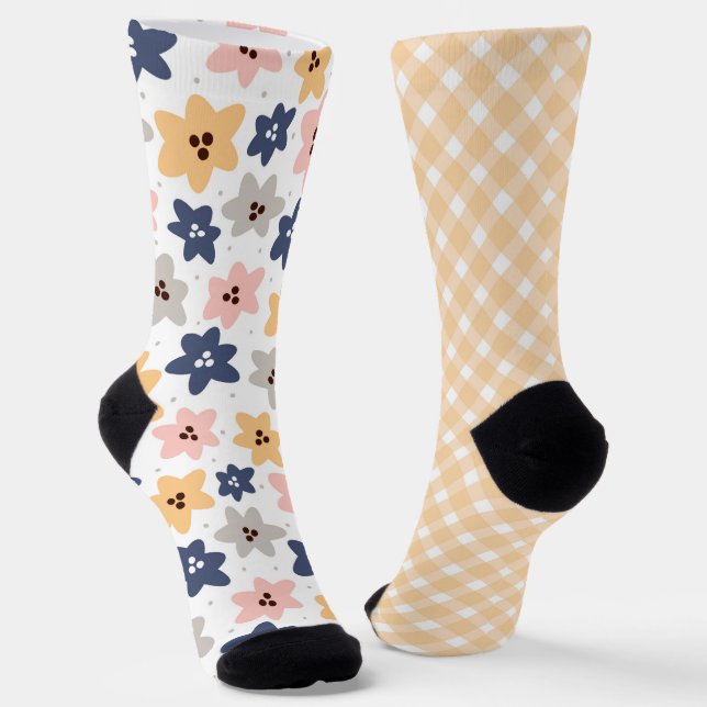 Pretty Pastel Yellow Mix Checkered And Floral  Odd Socks (Angled)