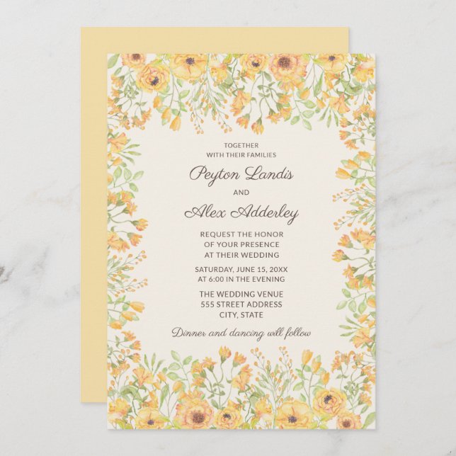 Pretty Pastel Yellow Watercolor Flowers Wedding Invitation (Front/Back)