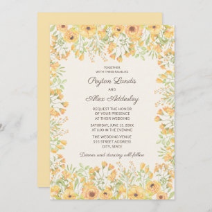 Pretty Pastel Yellow Watercolor Flowers Wedding Invitation