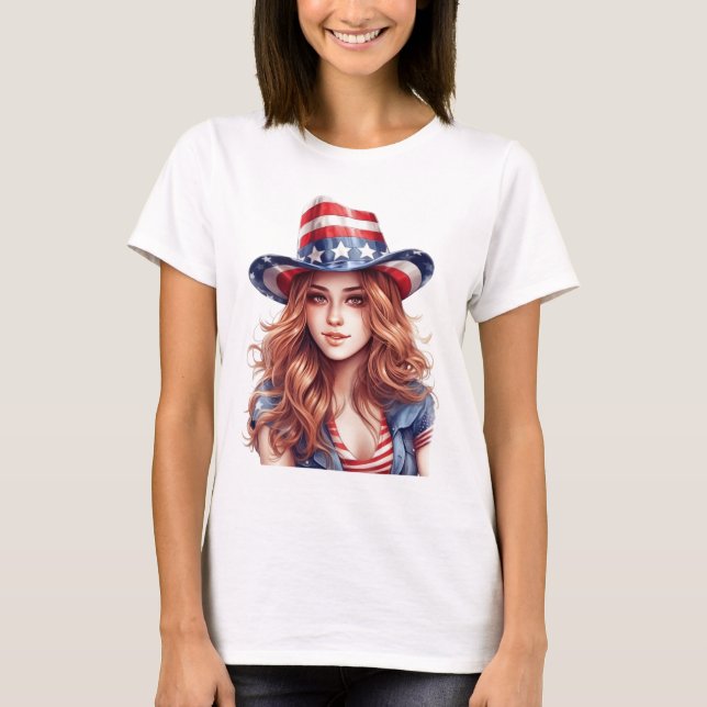 PRETTY PATRIOTIC RED HAIRED GIRL WITH COWBOY HAT T-Shirt (Front)