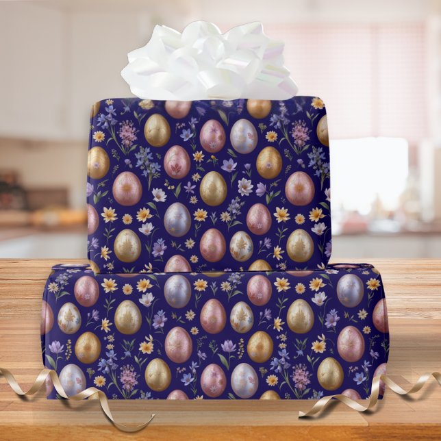Pretty Patterned Springtime Colourful Easter Eggs Wrapping Paper (Gift wrapping paper with a pattern of colorful Easter eggs on a purple background)