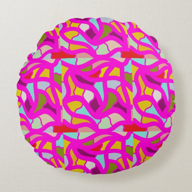 Pretty patterns in pink and rainbow colours round cushion (Front)