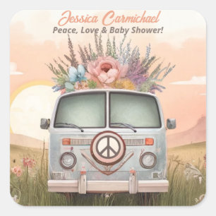 Pretty Peach and Blue Peace, Love and Baby Shower Square Sticker