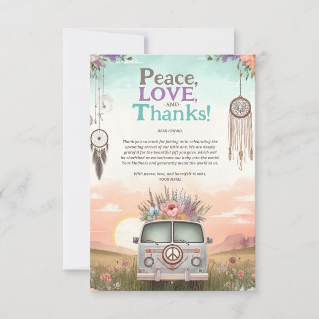 Pretty Peach and Blue Peace, Love and Baby Shower Thank You Card (Front)