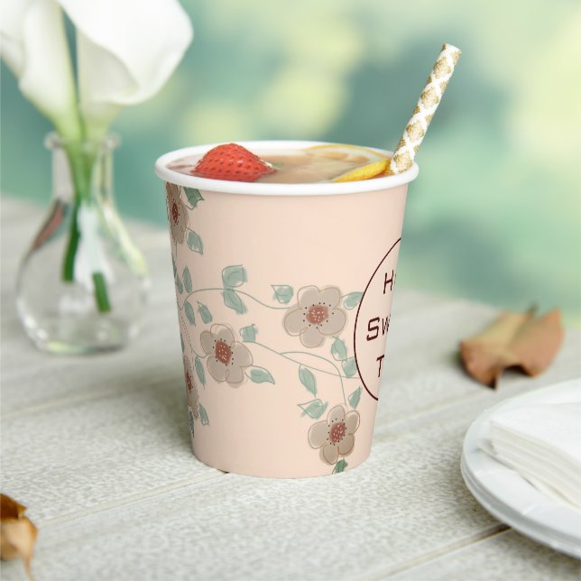 Pretty Peach And Green Floral Designer Paper Cups (Insitu)