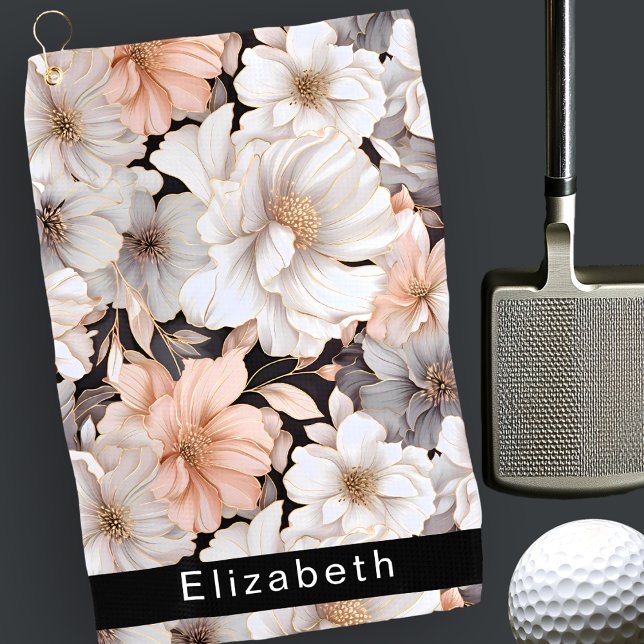 Pretty Peach and White Peony Personalized Golf Towel (Creator Uploaded)