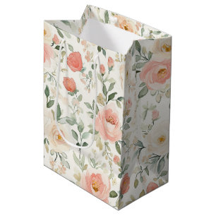 Pretty Peach Blush Pink Floral Bridal Shower Medium Gift Bag