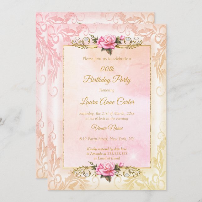 Pretty peach coral pink rose photo Birthday Party Invitation (Front/Back)