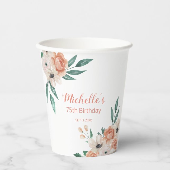 Pretty Peach Cream Floral 75th Birthday Paper Cups (Front)