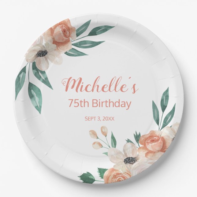 Pretty Peach Cream Floral 75th Birthday Paper Plate (Front)