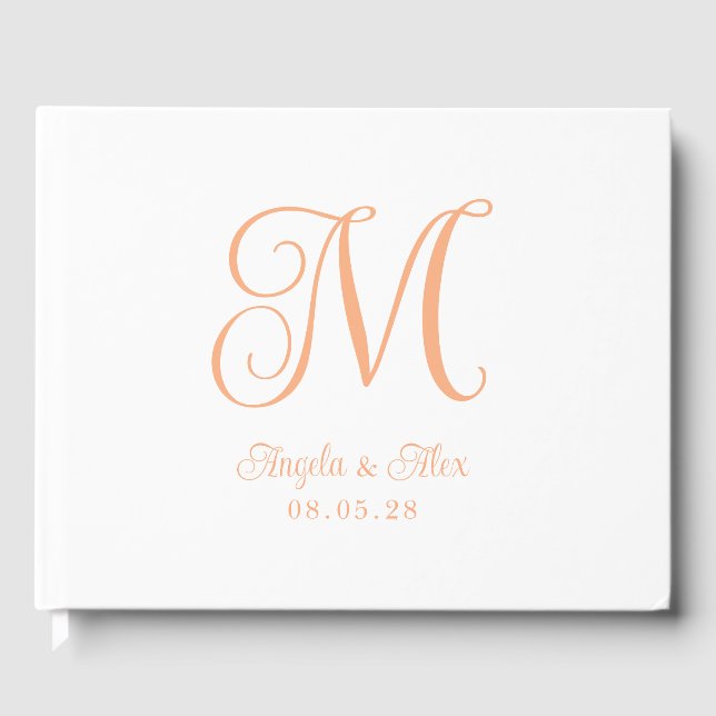 Pretty Peach Curly Wedding Monogram Guest Book (Front)