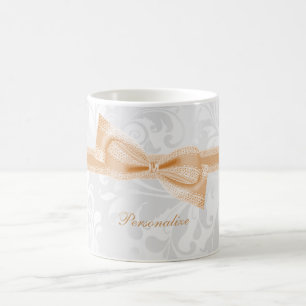 Pretty Peach Faux Bow & Ribbon & Damask Coffee Mug