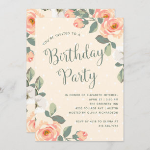 Pretty Peach Floral   Birthday Party Invitation