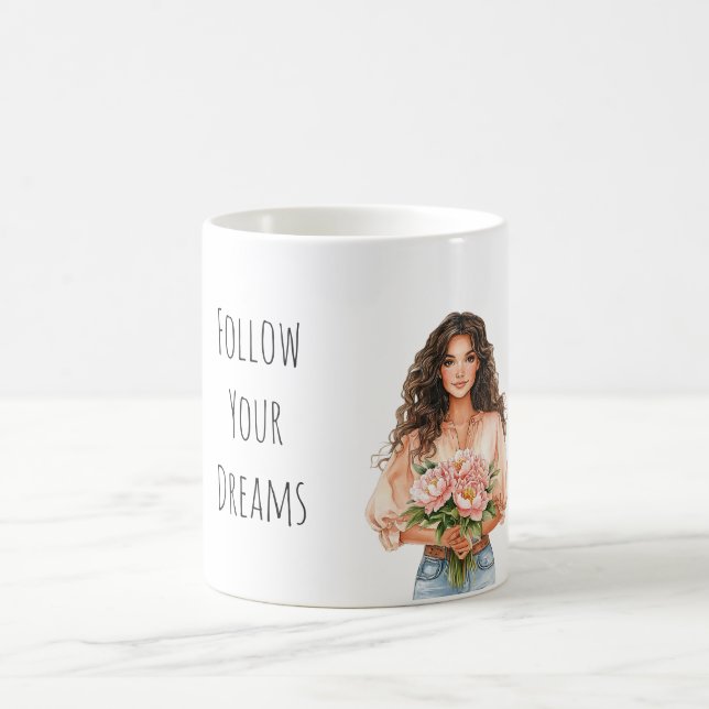 Pretty Peach Floral Dreams Brown Hair Lady Coffee Mug (Center)