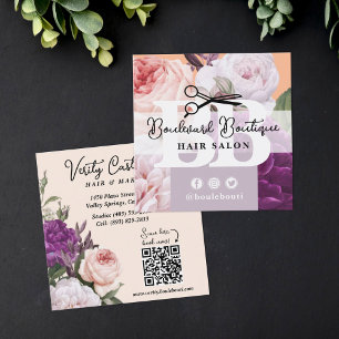 Pretty Peach Floral Hair Salon Stylist QR Code Square Business Card