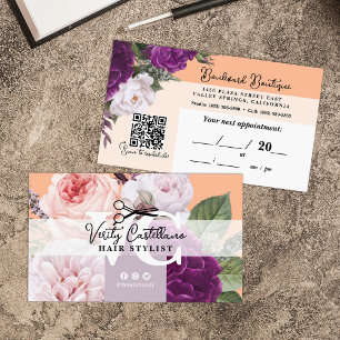 Pretty Peach Floral Hair Stylist Appointment QR Business Card