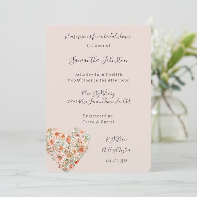 Pretty Peach Floral Heart Bridal Shower Invitation (Standing Front)