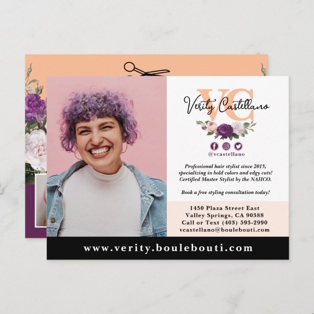 Pretty Peach Floral Salon Stylist Photo Marketing Postcard (Front/Back)