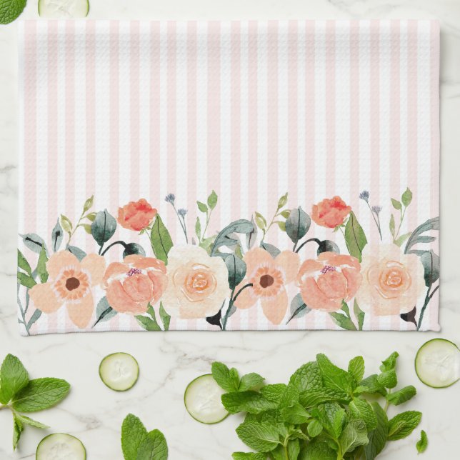 Pretty Peach Floral Tea Towel (Folded)