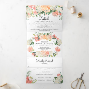Pretty Peach Floral Wedding Tri-Fold Invitations